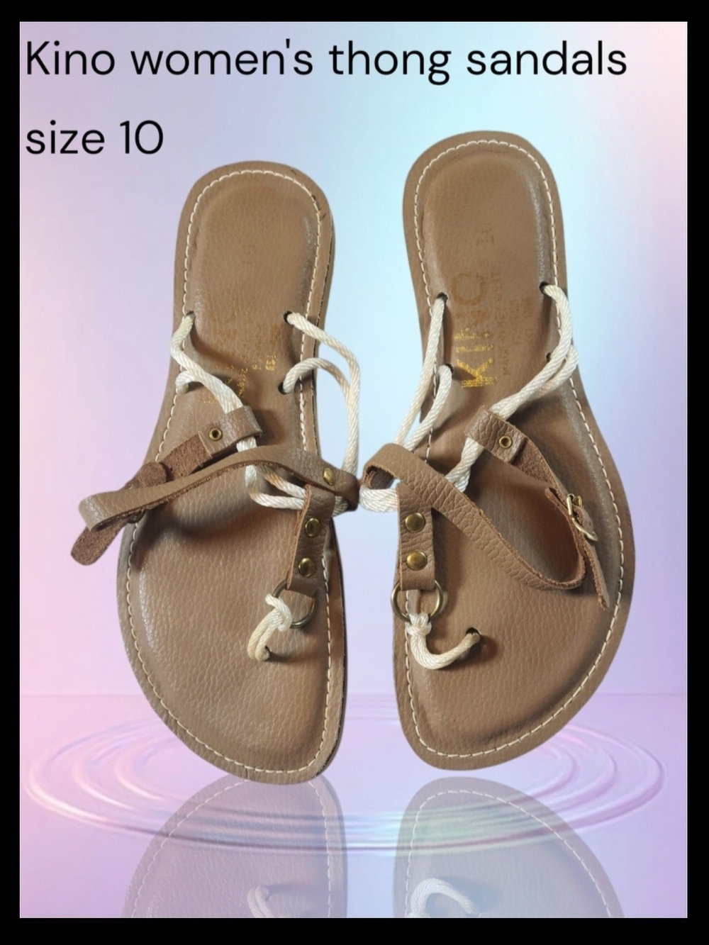Kino Women's Tan Thong Sandals - Comfortable Leather-Style Straps Size 10